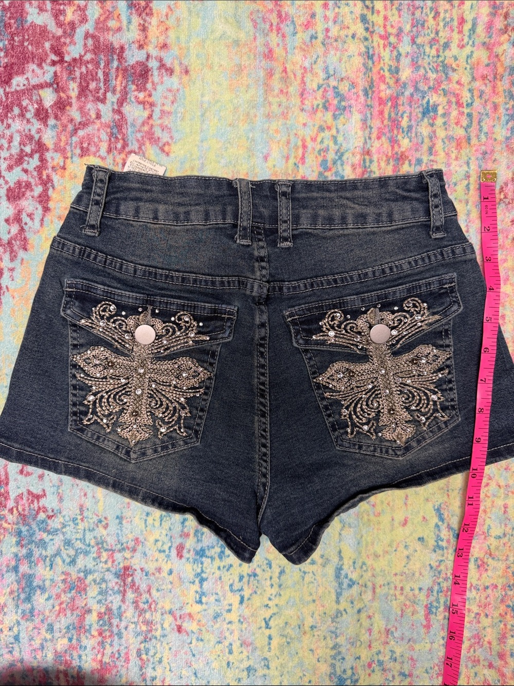 ROMWE Dark Blue Denim Shorts with Rhinestone Pocket Trim